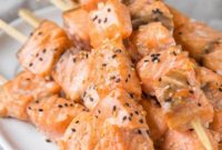 Sticky Honey Sesame Salmon Skewers