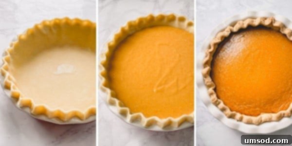 3 step by step photos of empty pie crust, unbaked pumpkin pie and baked pumpkin pie.