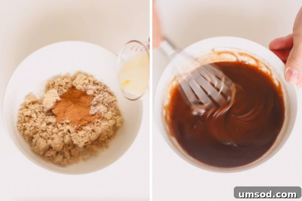 Caramelized Golden Butternut 4 A bowl containing a mixture of brown sugar and spices, with a separate image showing the mixture being whisked smoothly with melted butter.