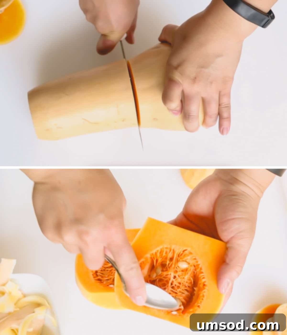 Caramelized Golden Butternut 5 A visual sequence showing a butternut squash being sliced, then its seeds being removed, demonstrating the preparation process.