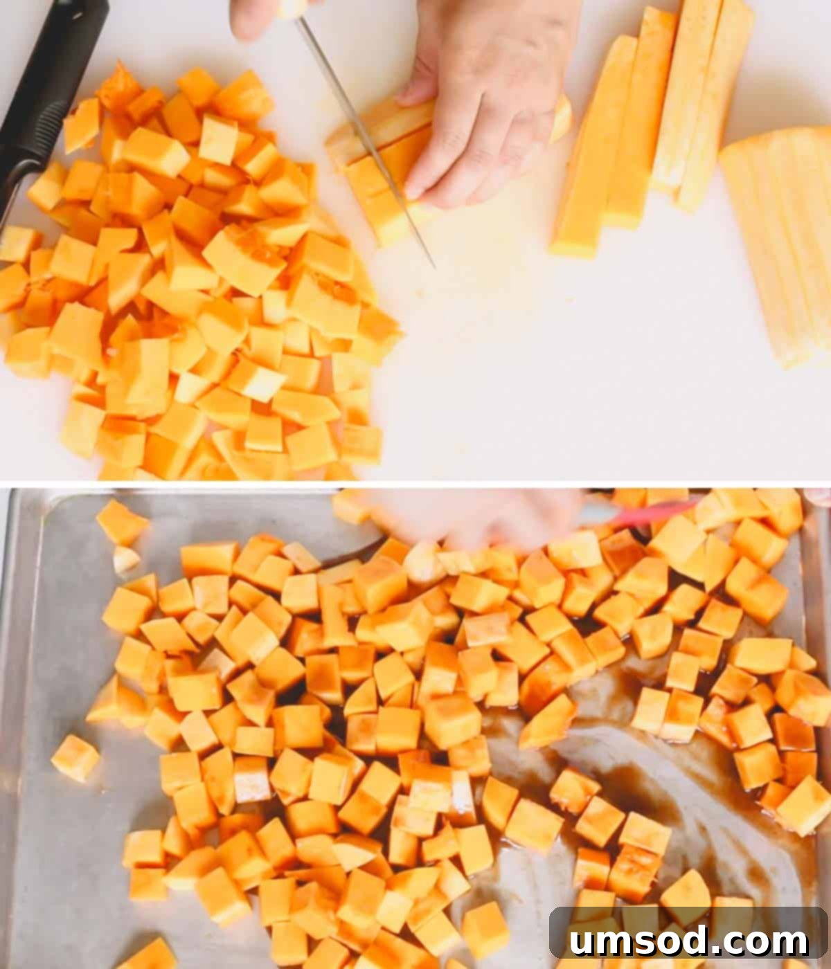 Caramelized Golden Butternut 6 A butternut squash being precisely cut into 1-inch cubes, followed by an image of the cubes being tossed with a rich butter and spice mixture on a baking sheet.