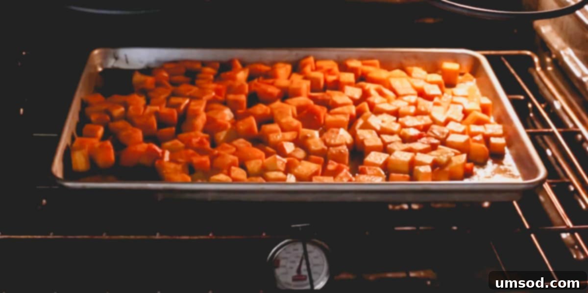 Caramelized Golden Butternut 7 Butternut squash cubes, glistening with spices, roasting evenly in an oven, beginning to caramelize at the edges.