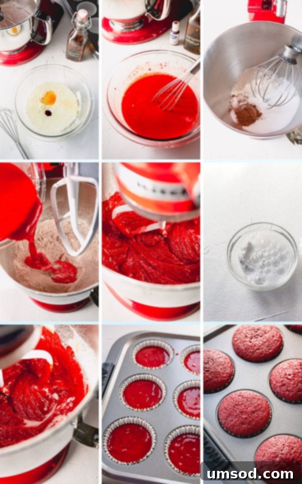 A photo collage showing the step-by-step process of making red velvet cupcakes, from mixing batter to filling liners.