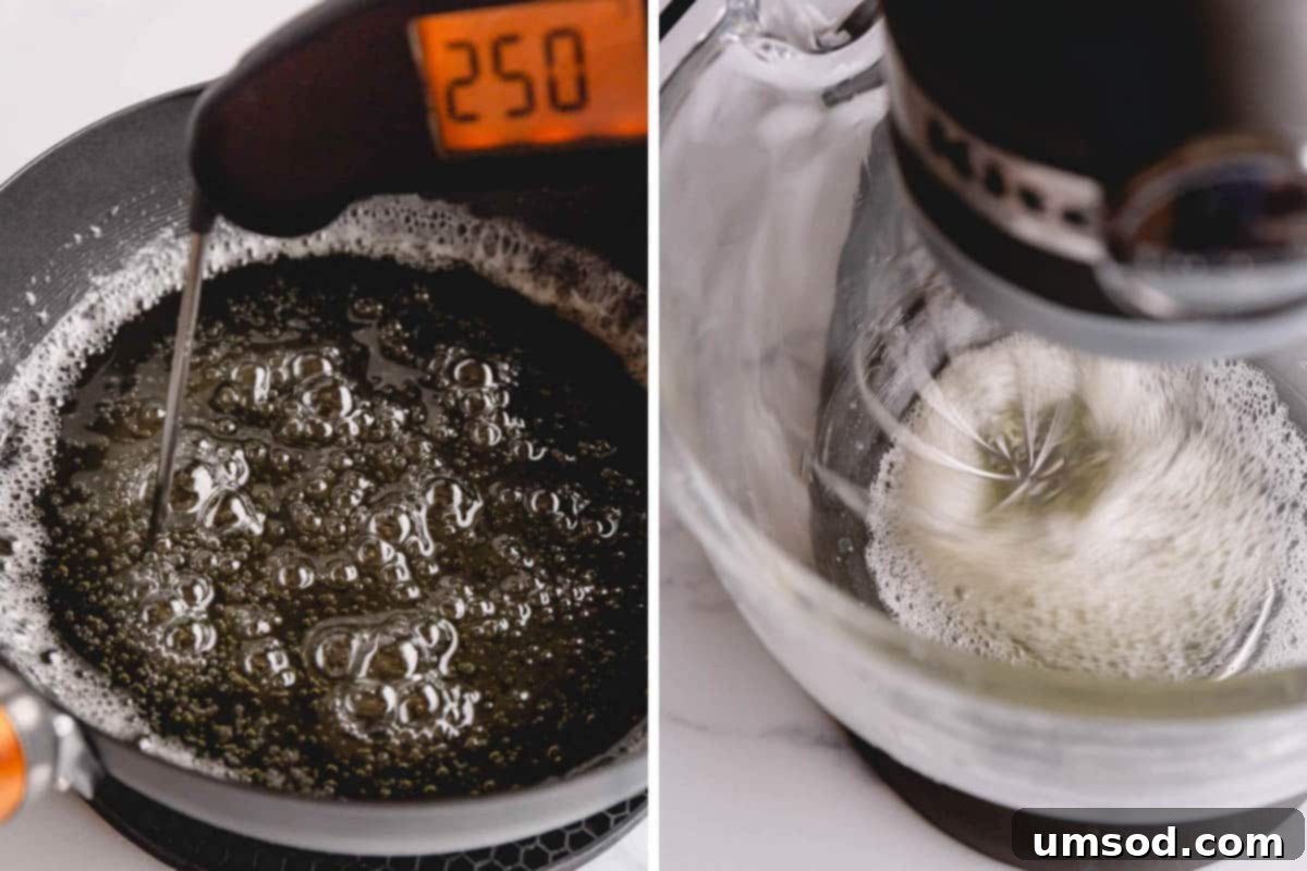 Two side-by-side images. On the left, hot sugar syrup bubbling in a saucepan with a candy thermometer showing 250°F. On the right, egg whites vigorously whipping in a stand mixer.