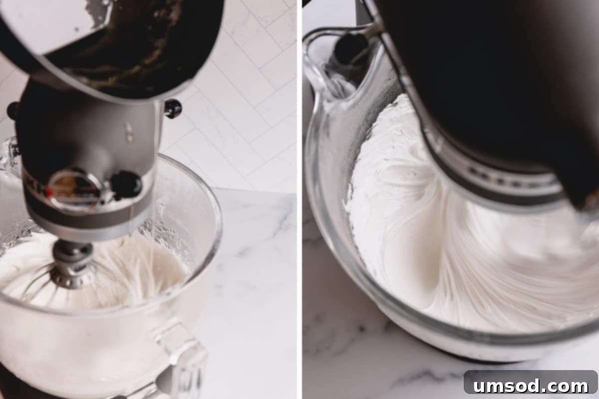 Two side-by-side images illustrating the process of adding hot sugar syrup into whipped egg whites in a stand mixer.