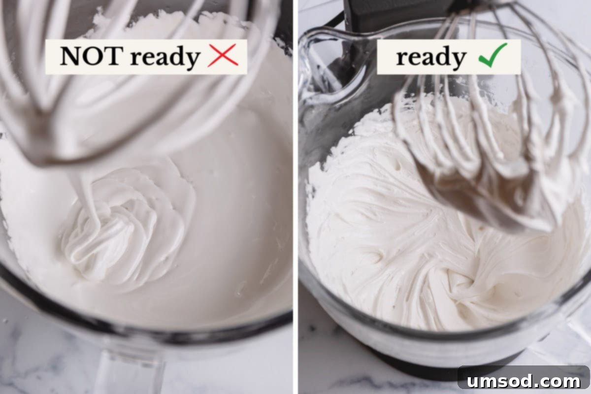 Two side-by-side images comparing divinity batter consistency. On the left, a glossy, runny batter that is not yet ready. On the right, a thick, matte batter that is perfectly ready for shaping.