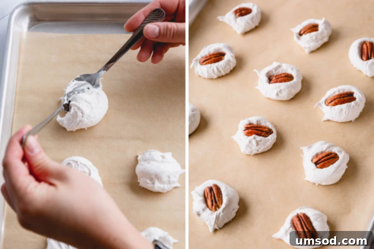 Two side-by-side images demonstrating the process of shaping divinity candy using two spoons.