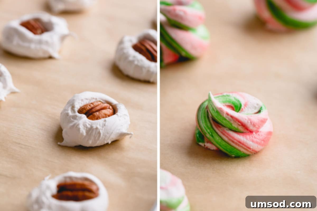 Two side-by-side images showcasing divinity candy. On the left, classic pecan divinity. On the right, festive red and green colored divinity, perfect for holidays.