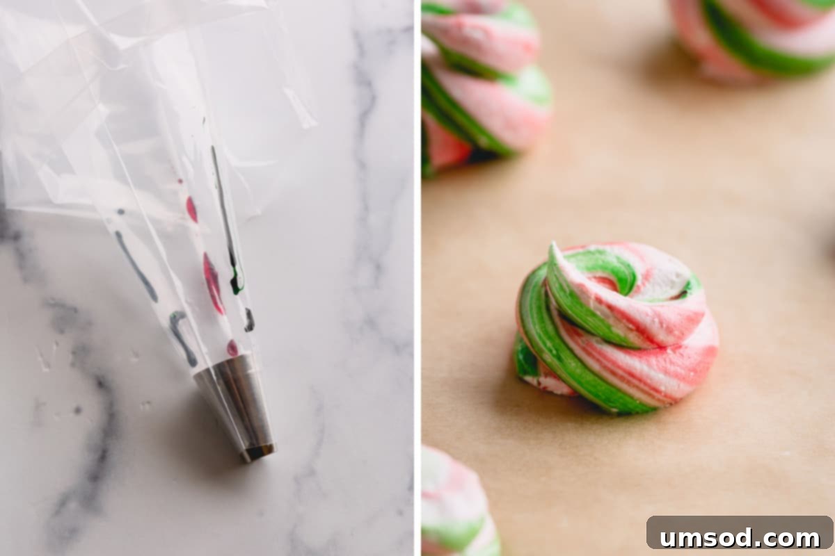Two side-by-side images showing the process of creating colored divinity using a piping bag with swirled gel food coloring.