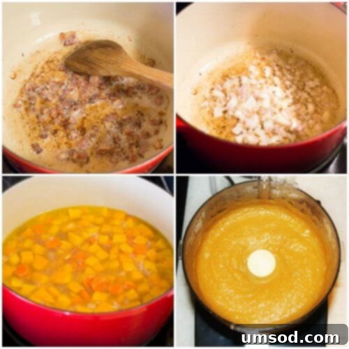 Step-by-step photos showcasing the preparation of 5-ingredient butternut squash soup, ready in under 45 minutes.