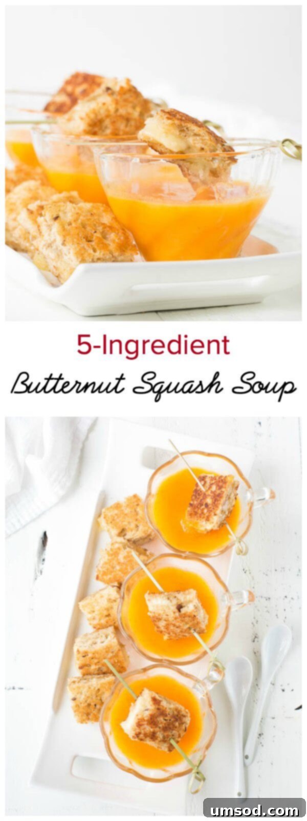 Velvety smooth butternut squash soup with only 5 ingredients and under 45 minutes! A super easy, fabulous fall appetizer that's delicious and elegant, perfect for any gathering and can be made ahead of time.