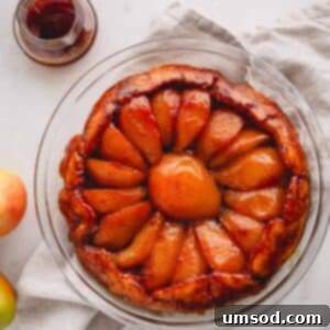 Golden Caramel Pear Tart 14 Overhead image of a pear tarte tatin, showing the full dessert.