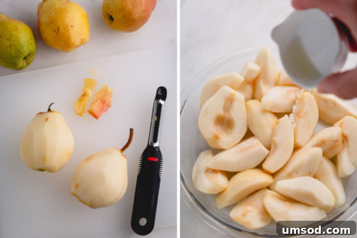 Golden Caramel Pear Tart 6 Two images: one showing pears being peeled and cored, the other showing prepared pears being sprinkled with lemon juice.