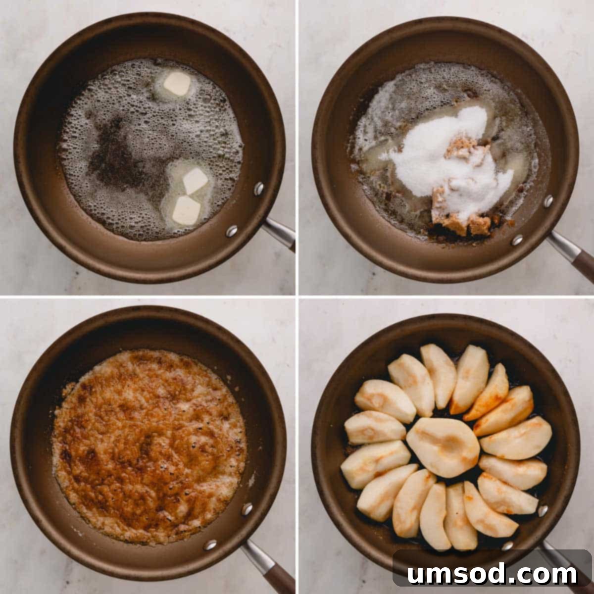 Golden Caramel Pear Tart 7 A four-panel image showing the stages of caramelizing pears: butter melting, sugar added, pears arranged, and pears simmering in caramel.