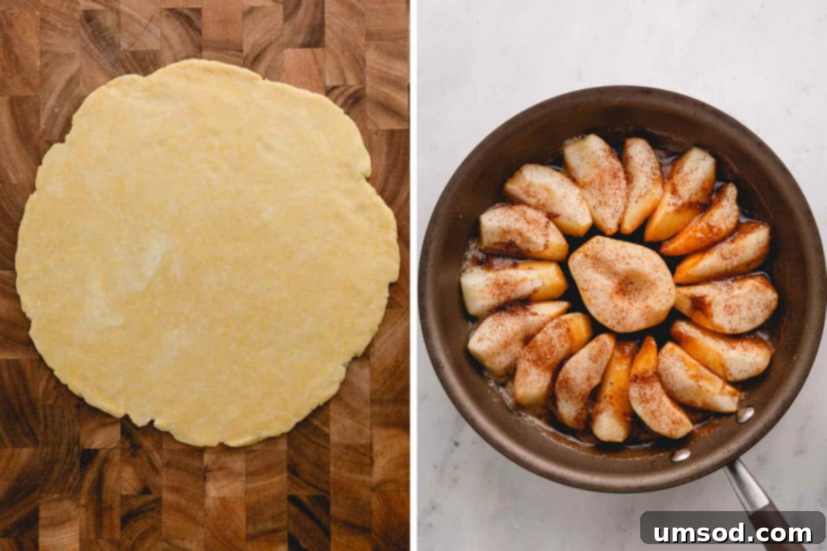 Golden Caramel Pear Tart 8 Two images: one showing pie dough rolled out next to a skillet of caramelized pears, the other showing the dough covering the pears in the skillet before baking.