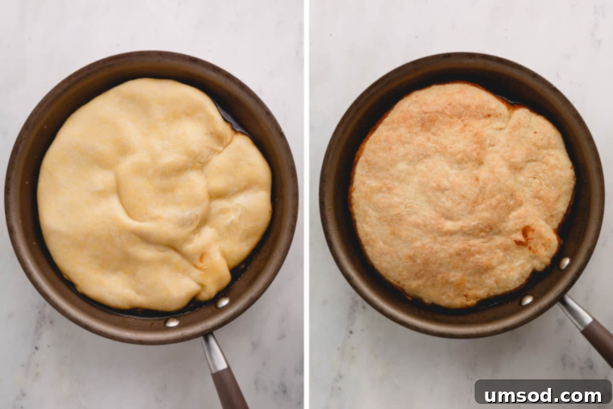 Golden Caramel Pear Tart 9 Two images side by side: left shows the pie crust covering the pears in the skillet before baking; right shows the baked tarte tatin with a golden-brown crust.