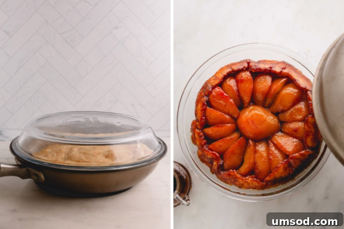 Golden Caramel Pear Tart 10 A pear tarte tatin (French pear pie) being inverted from a skillet into a glass baking dish, revealing the caramelized pears.