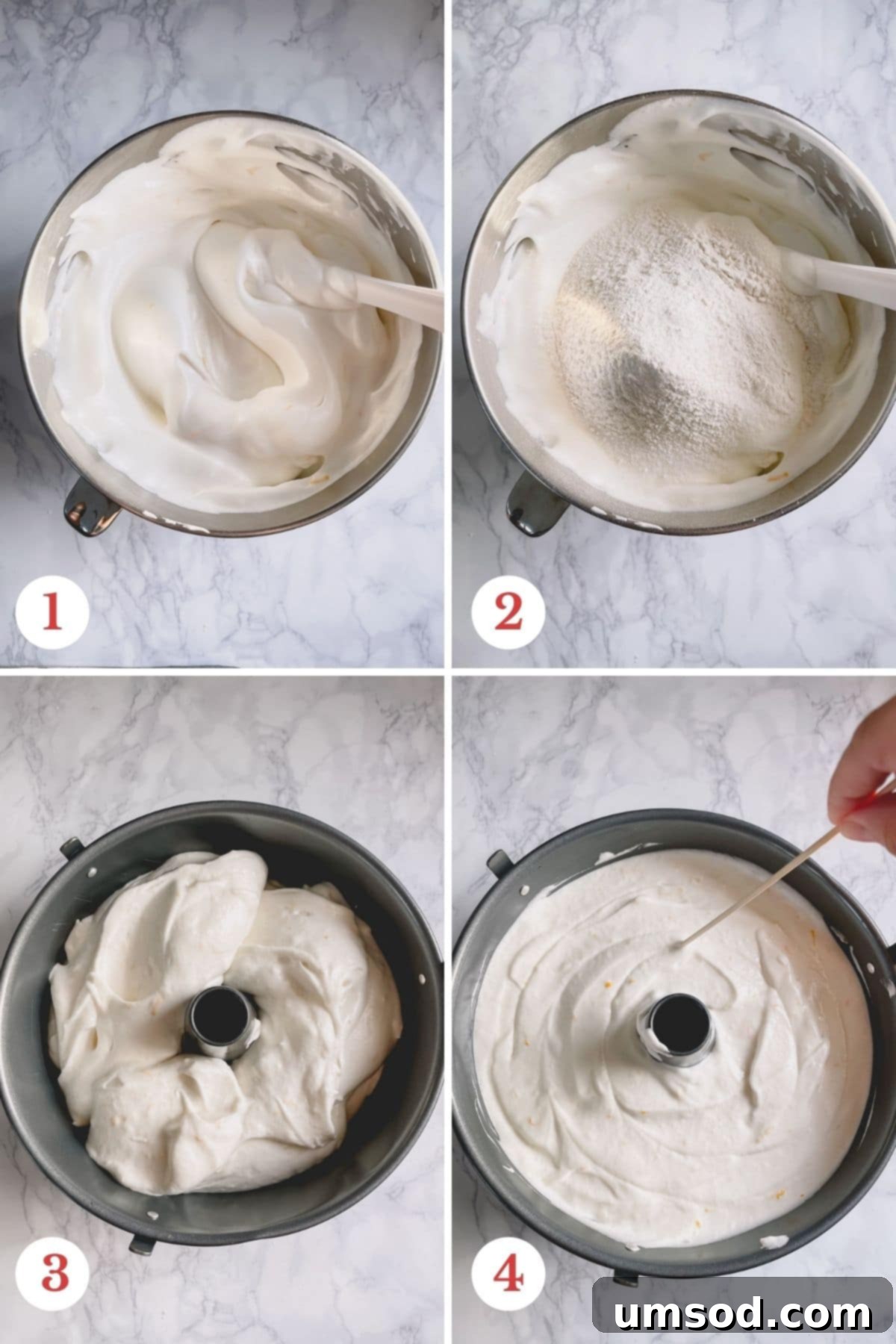 Cloud Nine Angel Food Cake 4 Step-by-step photos illustrating the process of making angel food cake, from mixing to baking.