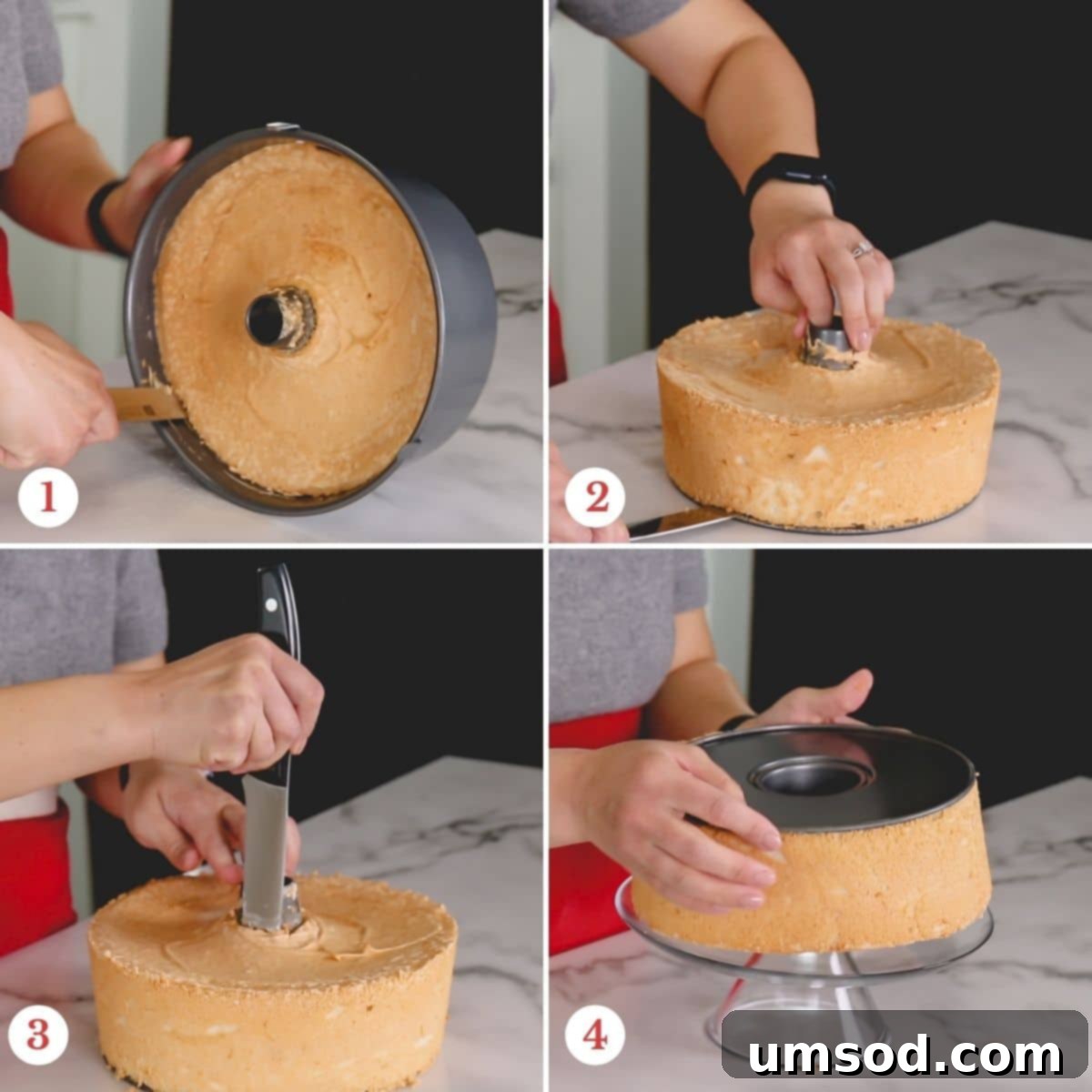 Cloud Nine Angel Food Cake 6 Step-by-step photos demonstrating how to carefully remove an angel food cake from its tube pan.