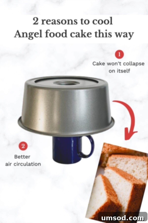 Cloud Nine Angel Food Cake 8 An inverted tube pan balanced on a mug, demonstrating the proper cooling method for angel food cake.