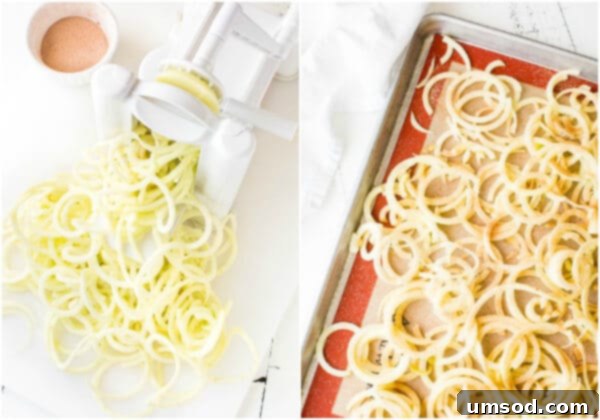 Spiralized apple strings before baking, showing their unique noodle-like shape.