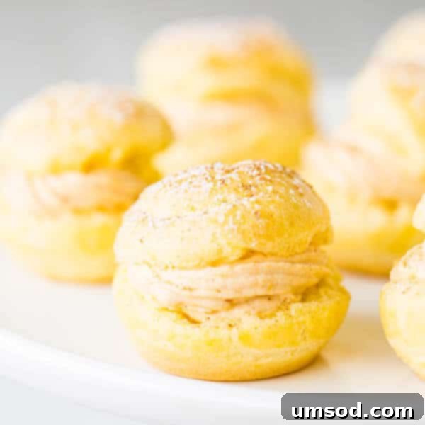 Light and airy pumpkin cream puffs filled with dreamy, smooth pumpkin cream cheese filling, presented beautifully as a fall dessert.