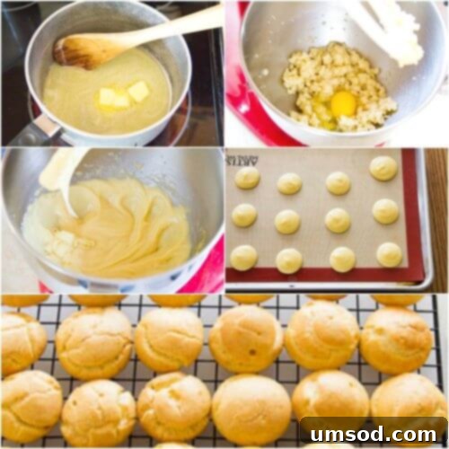 Step-by-step image showing piped choux pastry on a baking sheet, ready to be baked into pumpkin cream puff shells.