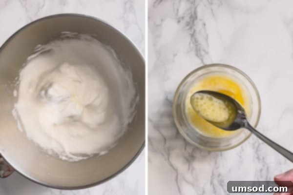 Enchanted White Swirl 4 Whipped egg whites and a separate bowl with melted butter and milk mixture.