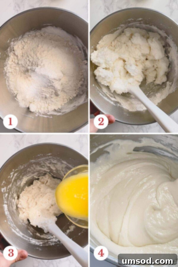 Enchanted White Swirl 5 Step-by-step photos illustrating the gentle folding of batter ingredients.
