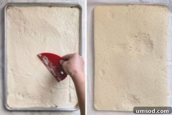 Enchanted White Swirl 6 Roll cake batter spread in a baking sheet before and after baking, showing its perfect rise.