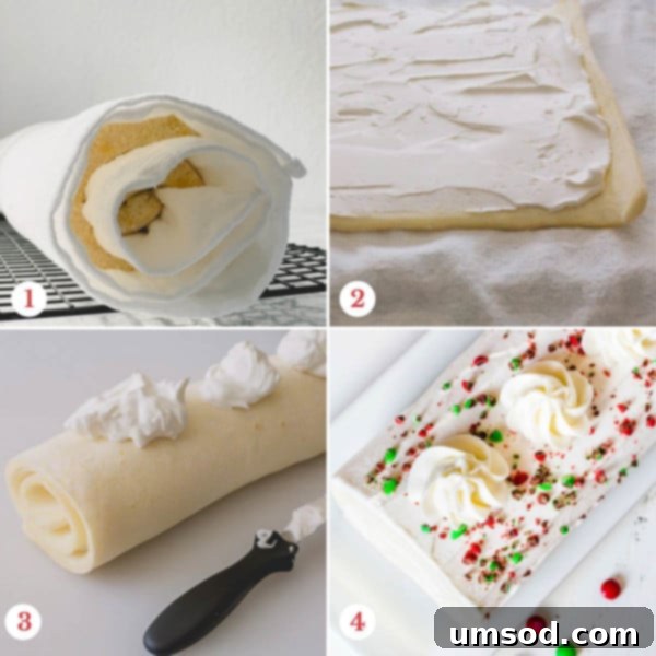 Enchanted White Swirl 7 Step-by-step photos demonstrating the process of filling and rolling the delicate cake.