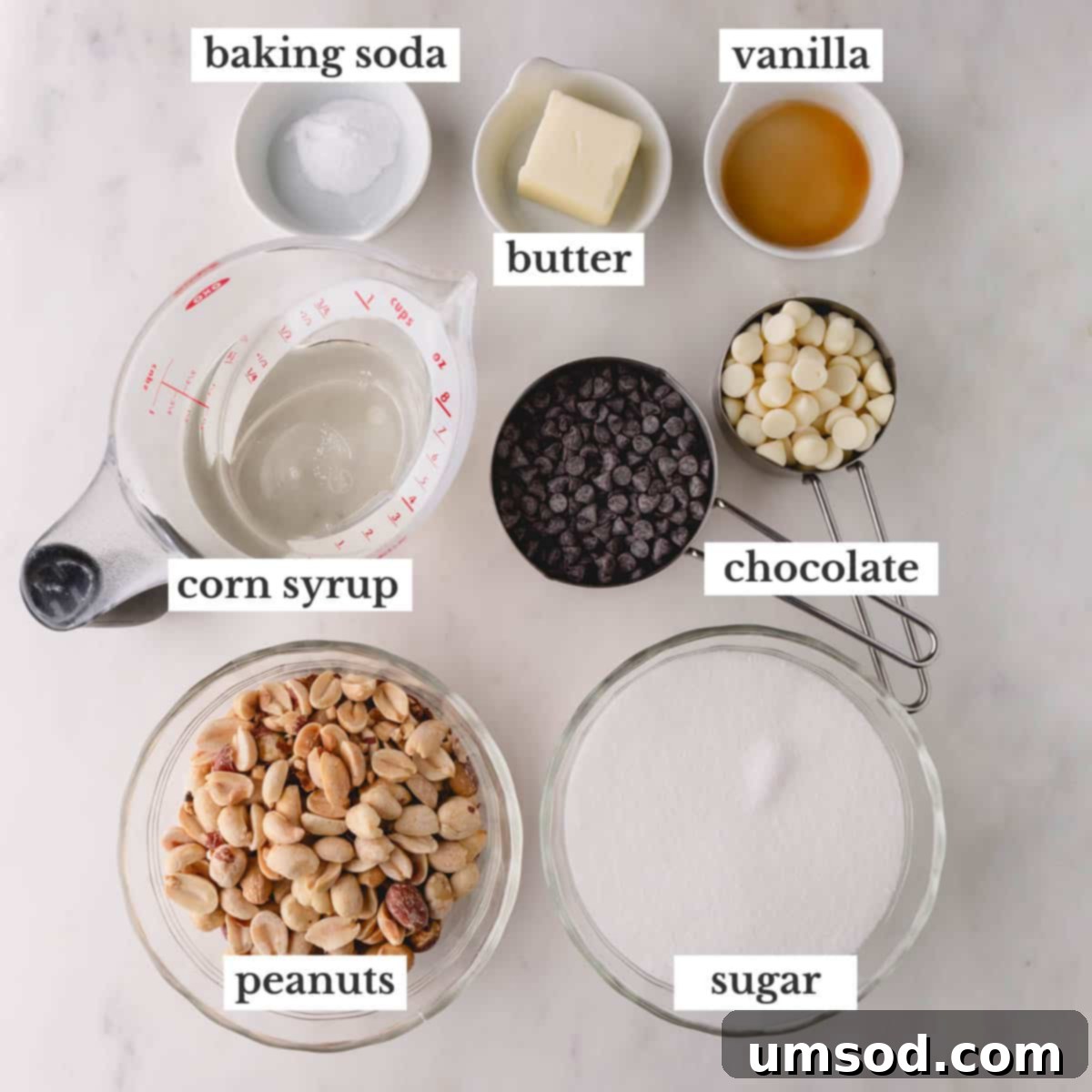 Carefully arranged ingredients for making chocolate peanut brittle, ready for the microwave.