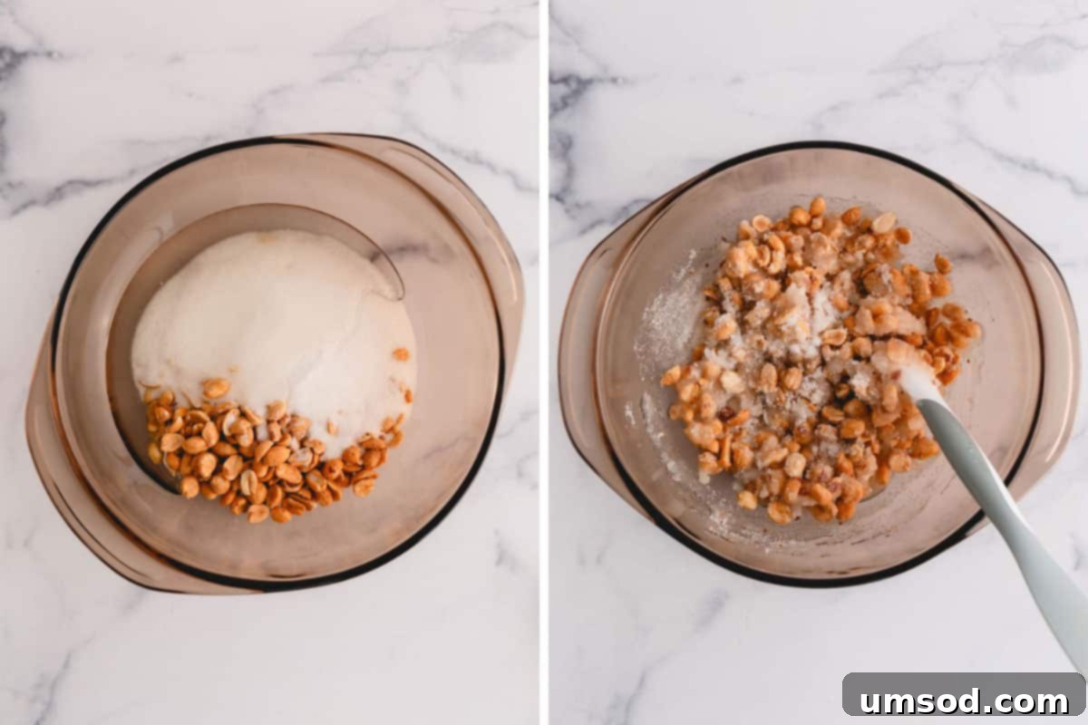 Dry-roasted peanuts being thoroughly stirred into a mixture of sugar, salt, and corn syrup for the brittle base, in a glass bowl.