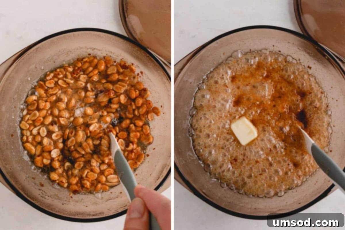 Butter and vanilla extract being stirred into the hot peanut, sugar, salt, and corn syrup mixture after microwaving.