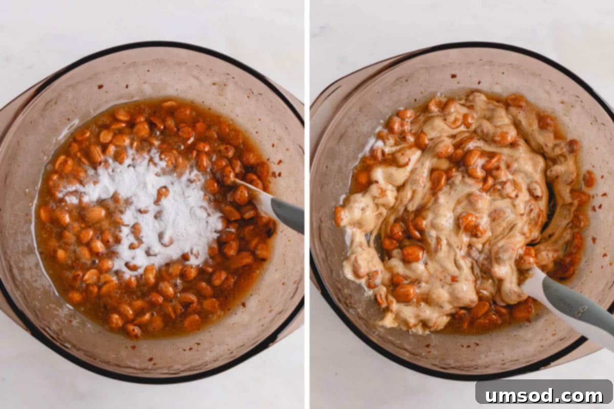 Baking soda being rapidly stirred into the hot peanut brittle mixture, causing it to foam and lighten, a key step for its crispy texture.