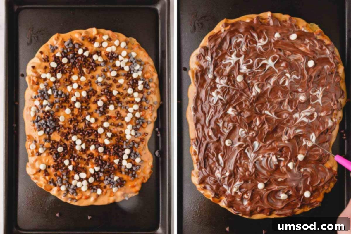 Two images demonstrating the process of sprinkling and spreading melted chocolate, then artfully swirling white chocolate onto the hot peanut brittle for a marbled effect.