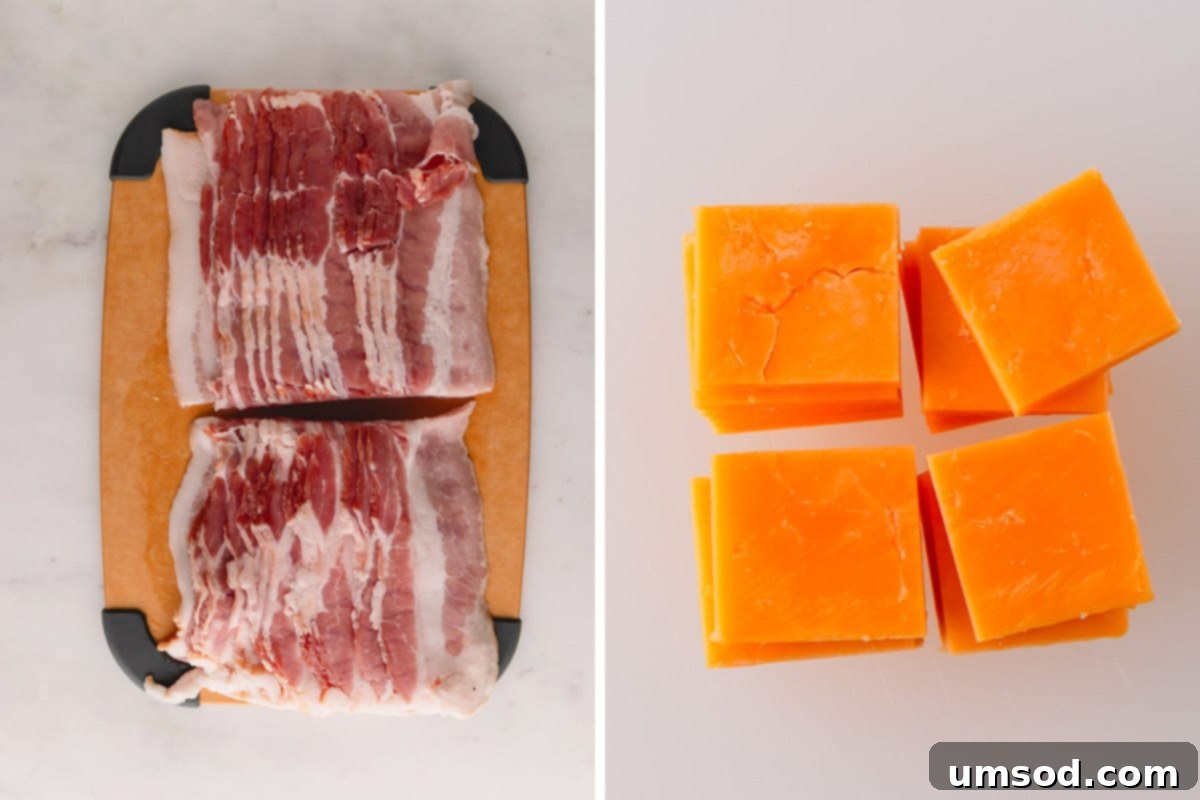 Smoky Bacon Cheese Bites 5 Raw bacon strips cut in half and cheddar cheese slices cut into small squares.