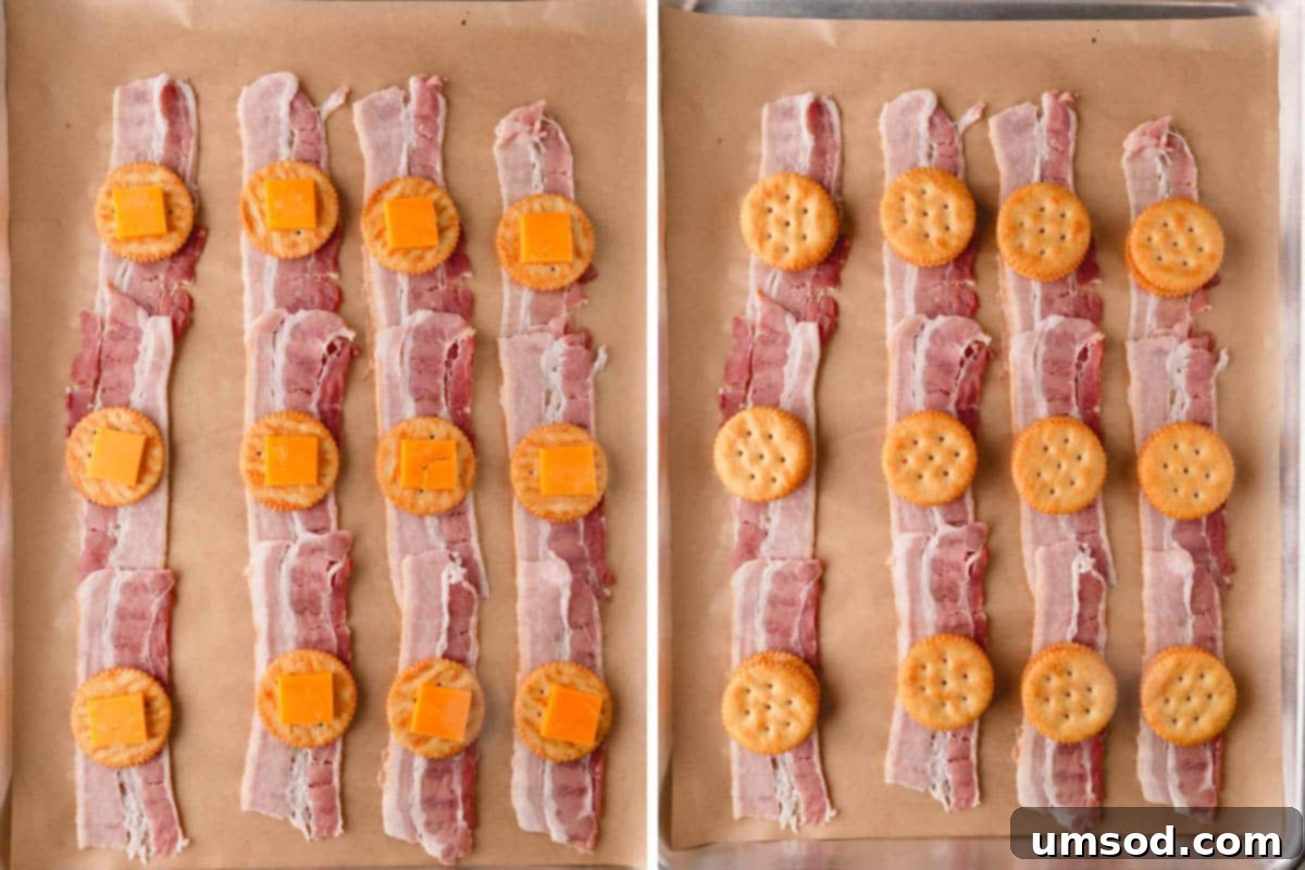 Smoky Bacon Cheese Bites 6 An assembly line of uncooked bacon strips topped with two crackers and a layer of cheese in between.