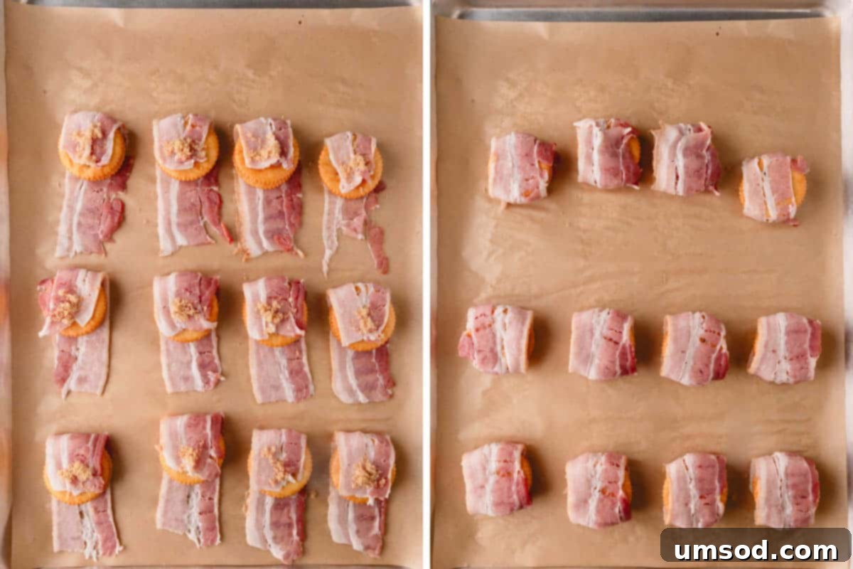 Smoky Bacon Cheese Bites 7 Uncooked cheesy bacon crackers, wrapped and sprinkled with brown sugar, laid out on a baking sheet.