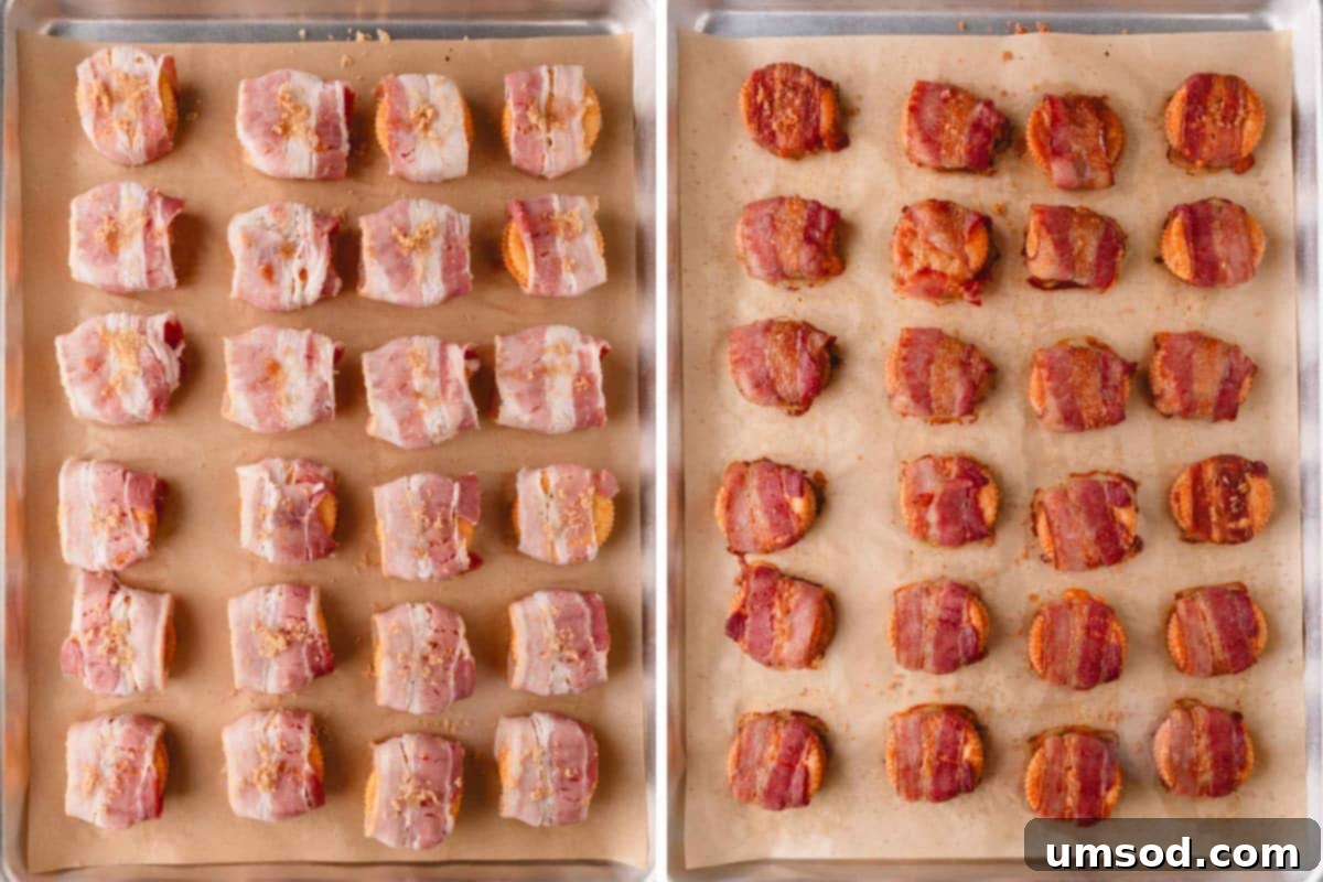 Smoky Bacon Cheese Bites 8 A baking sheet showing both uncooked and perfectly baked cheesy bacon crackers side-by-side, showcasing the transformation.