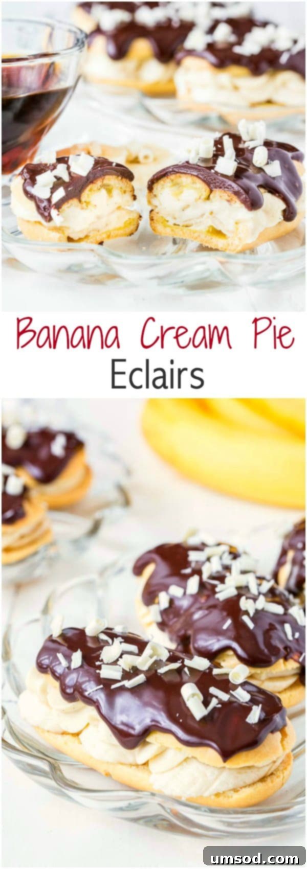 A plate of exquisite Banana Cream Pie Eclairs, showcasing the delicate choux pastry, creamy filling, and chocolate drizzle.