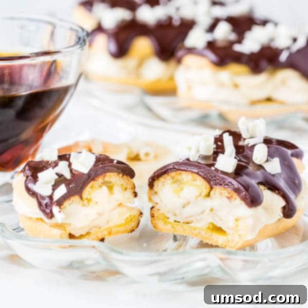 Step-by-step image of assembling Banana Cream Pie Eclairs, showcasing the creamy filling.