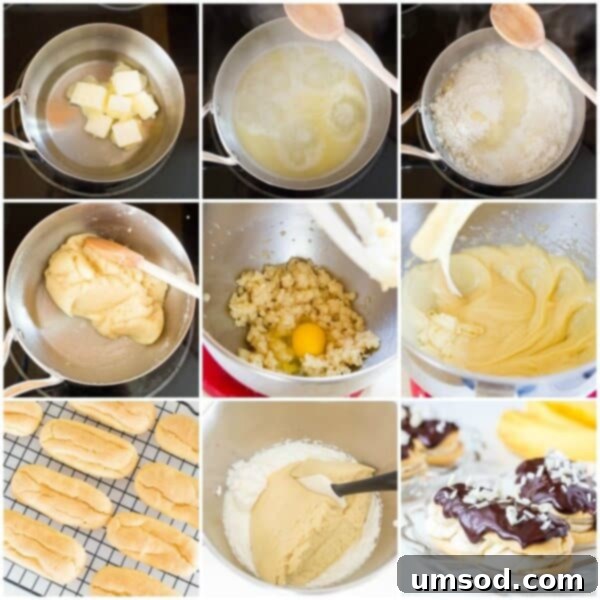 Visual guide showing stages of making choux pastry and assembling eclairs.