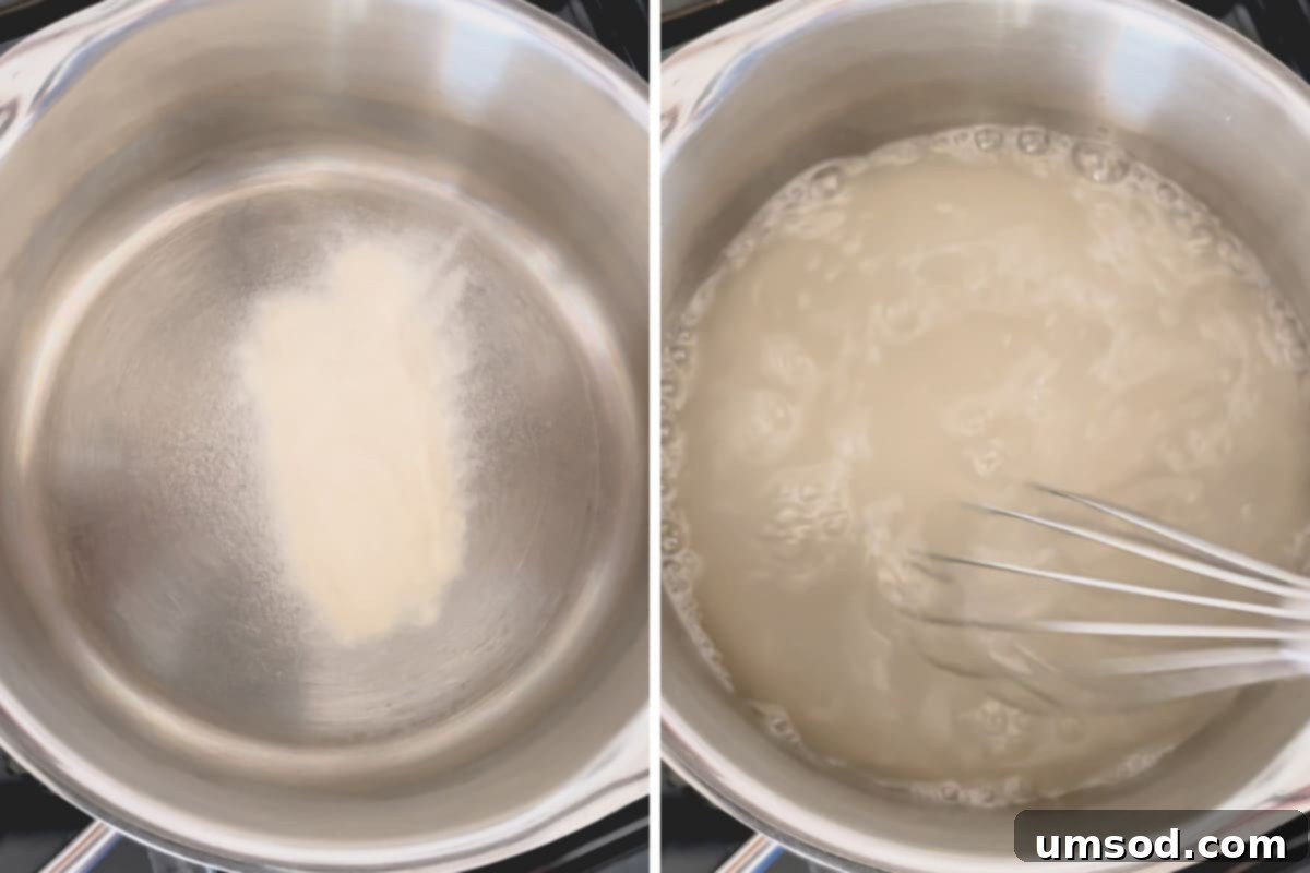 Two images: agar agar powder in a saucepan, and water being added to it, illustrating the first step of pudding preparation.