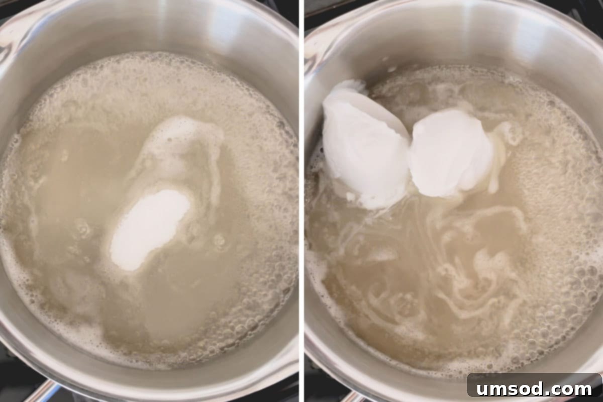 Two images: granulated sugar being added to the agar agar mixture, followed by full-fat coconut milk, showcasing the development of the pudding base.