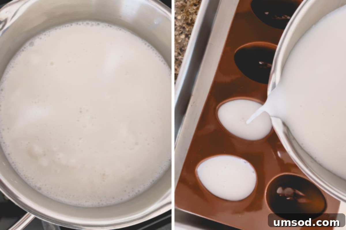 Two images: a saucepan with coconut pudding mixture, and the mixture being poured into individual egg-shaped silicone molds, ready for chilling.