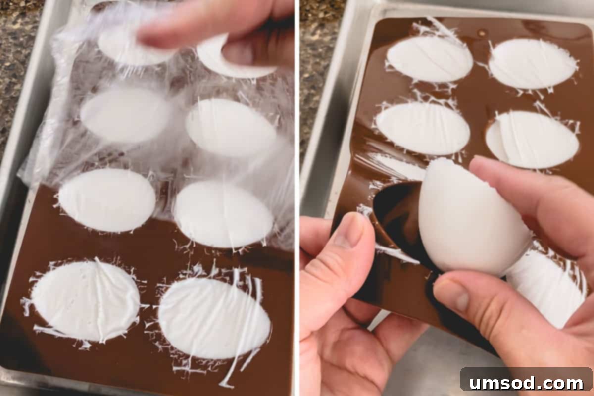 Two images: firm coconut pudding still in the egg mold, and the cleanly removed pudding halves arranged on a platter.