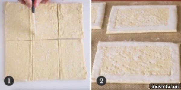 Side by side images of cutting puff pastry and scored shells with edges smeared with heavy cream.