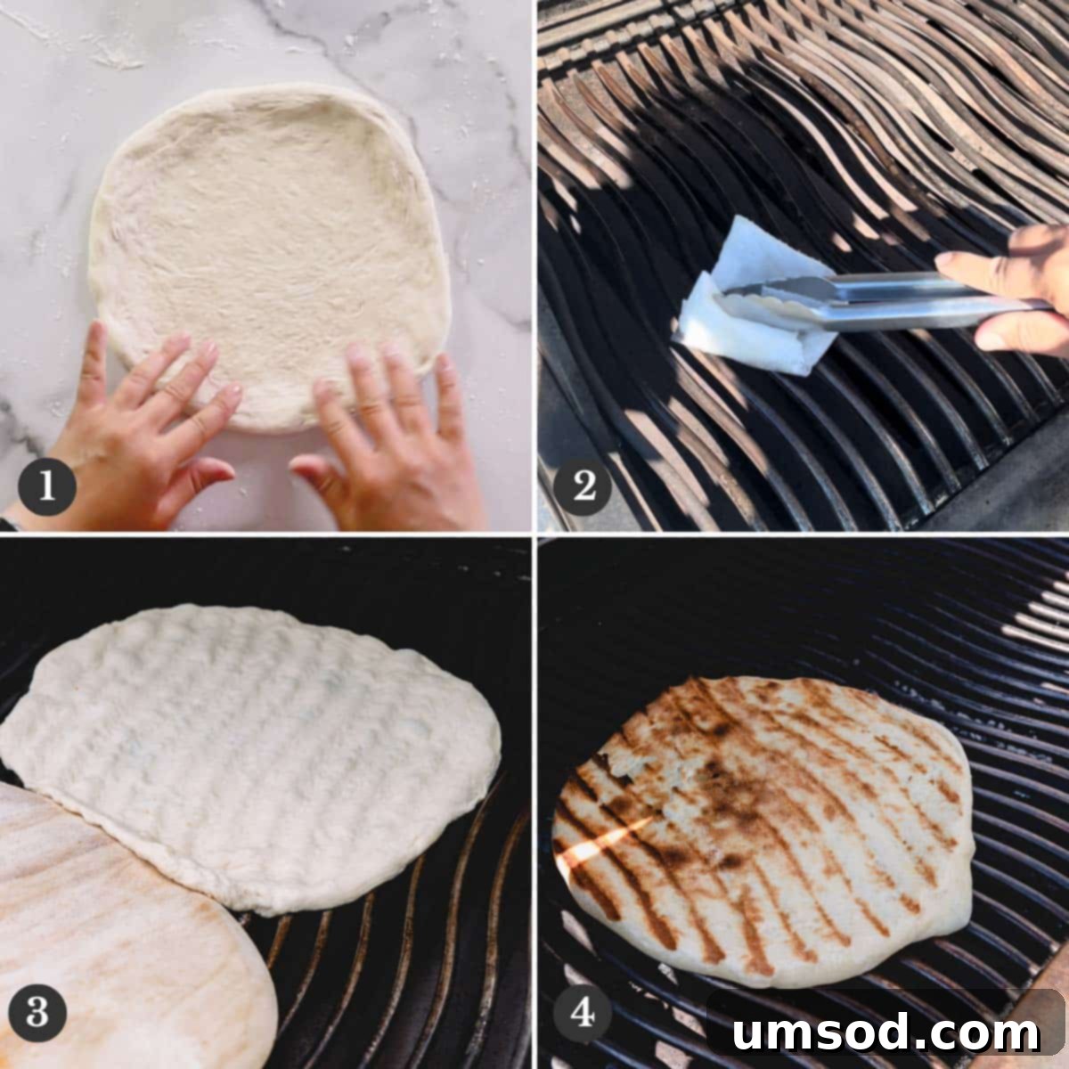 A step-by-step collage showing pizza crust being stretched, placed on the grill, and flipped during the initial grilling phase.