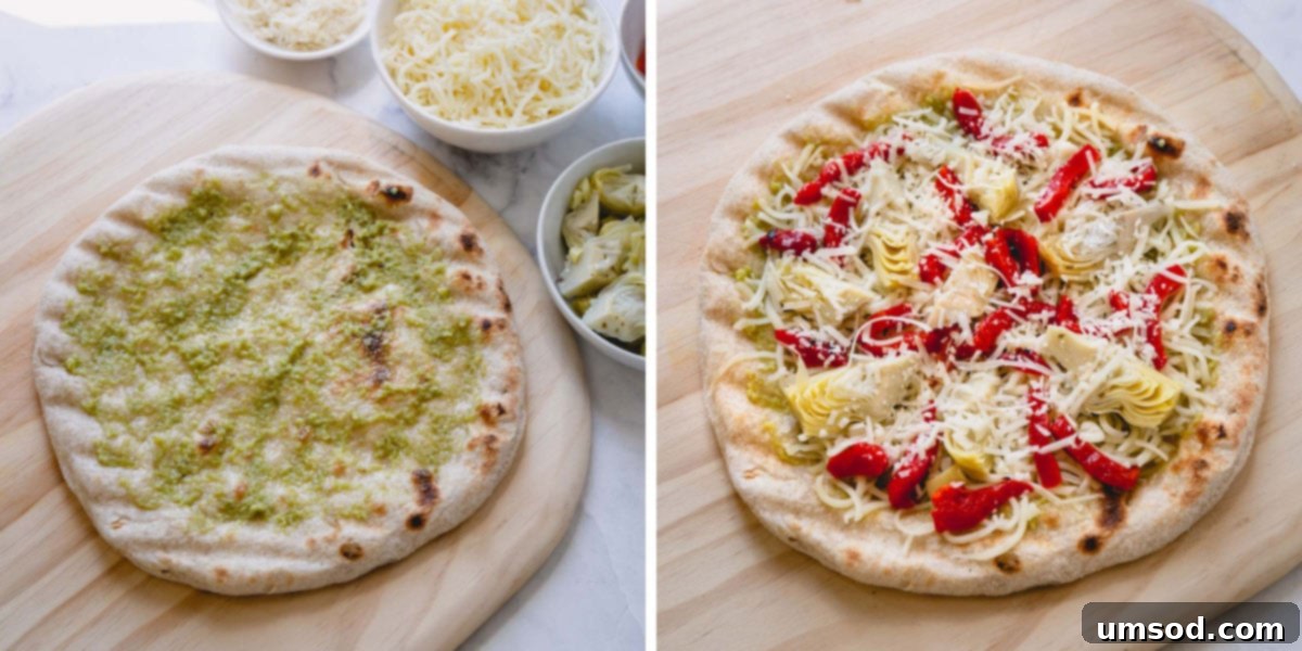 Side-by-side photos demonstrating the process of adding pesto and then other toppings to a partially grilled pizza crust.